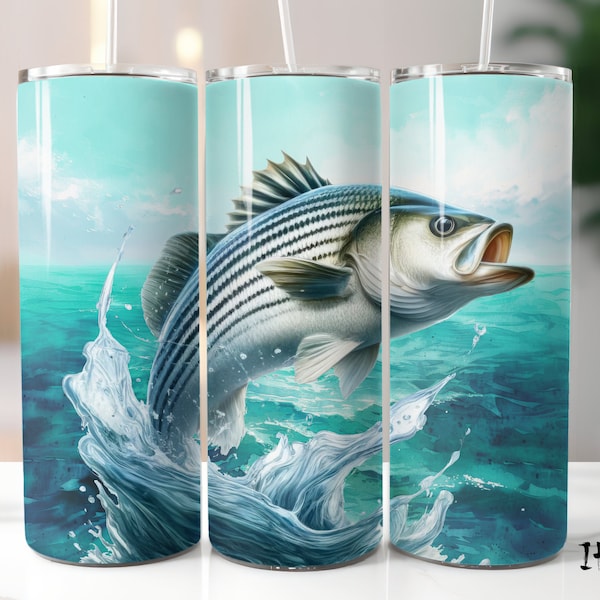 Striped Bass Fish Jumping Fishing Fisherman 20 oz Skinny Tumbler Wrap Straight & Tapered Sublimation Design PNG Ocean Scenery