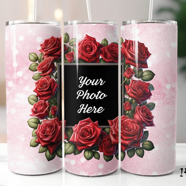 Red Rose Floral Photo Frame 1 Picture Tumbler Seamless 20 oz Skinny Tumbler Wrap Straight & Tapered Sublimation Design PNG Flower Valentines