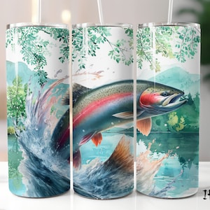 Steelhead Trucha Pez Saltando Pescador Pescador 20 oz Flaco Vaso Envoltura Recta y Cónica Diseño de Sublimación PNG Paisaje del Lago