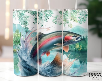 Steelhead Trout Fish Jumping Fishing Fisherman 20 oz Skinny Tumbler Wrap Straight & Tapered Sublimation Design PNG Lake Scenery