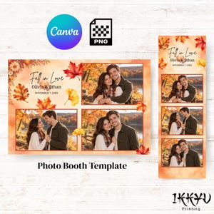 May include: A photo booth template featuring a fall theme with autumn leaves, the text Fall in Love, Olivia & Ethan, and November 7, 20XX. The design includes multiple frames for photos of a couple in an outdoor setting with trees.