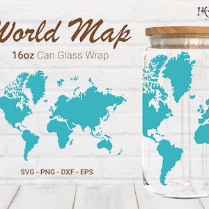 世界地図 16 オンス シームレス リビー 缶 ガラス ラップ SVG カット ファイル、SVG PNG Dxf Eps、旅行休暇時間地理