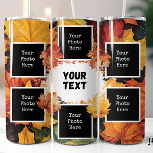 Fall Leaves Photo Frame 6 Pictures Collage Tumbler Seamless 20 oz Skinny Tumbler Wrap Straight & Tapered Sublimation Design PNG Autumn