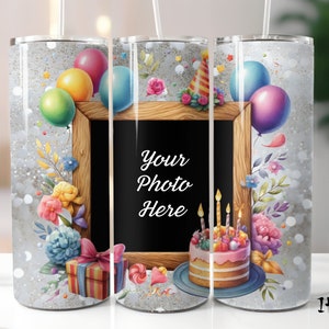 Happy Birthday Party Fotorahmen 1 Bild Becher Nahtlos 20 Unze Skinny Tumbler Wrap Gerade und Konisch Sublimation Design PNG Feier