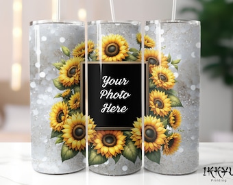 Sunflower Floral Photo Frame 1 Picture Tumbler Seamless 20 oz Skinny Tumbler Wrap Straight & Tapered Sublimation Design PNG Flower