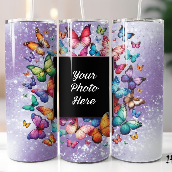 Colorful Butterfly Photo Frame 1 Picture Tumbler Seamless 20 oz Skinny Tumbler Wrap Straight & Tapered Sublimation Design PNG Purple Glitter