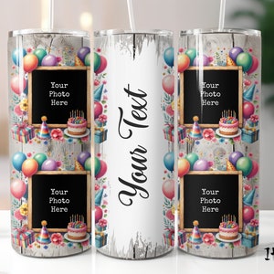 Happy Birthday Party Fotorahmen 4 Bilder Collage Tumbler Nahtlos 20 Unze Skinny Tumbler Wrap Gerade und konische Sublimation Design PNG