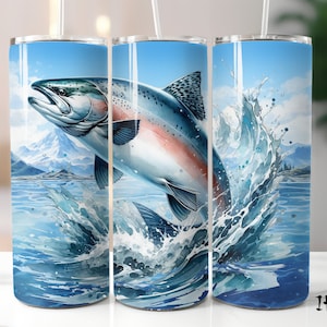 King Salmon Chinook Pez Saltando Pescador Pescador 20 oz Flaco Vaso Envoltura Recta y Cónica Diseño de Sublimación PNG Alaska
