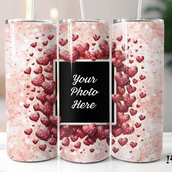 Heart Photo Frame 1 Picture Tumbler Seamless 20 oz Skinny Tumbler Wrap Straight & Tapered Sublimation Design PNG Glitter Love Valentines Day