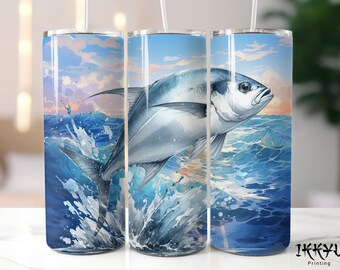 Pompano Fish Jumping Fishing Fisherman 20 oz Skinny Tumbler Wrap Straight & Tapered Sublimation Design PNG Sea Ocean Scenery