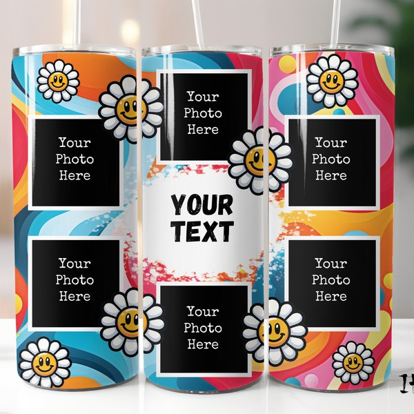 Groovy Retro Happy Daisy Photo Frame 6 Pictures Collage Tumbler Seamless 20 oz Skinny Tumbler Wrap Straight & Tapered Sublimation Design