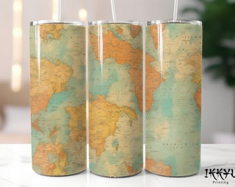 Vintage Retro World Map Seamless Tumbler 20 oz Skinny Tumbler Wrap Straight & Tapered Sublimation Design PNG Digital Download