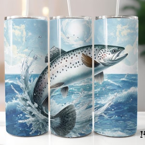 Trucha de mar Pescado Saltando Pescador Pescador 20 oz Flaco Vaso Envoltura Recta y Cónica Diseño de Sublimación PNG Salmo trutta Paisaje Oceánico