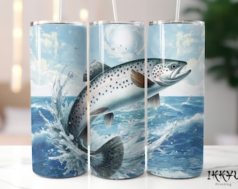 Sea Trout Fish Jumping Fishing Fisherman 20 oz Skinny Tumbler Wrap Straight & Tapered Sublimation Design PNG Salmo trutta Ocean Scenery