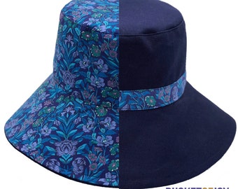 Liberty London Bucket Hat: Reversible Sea Grass Floral, Navy Cotton Drill