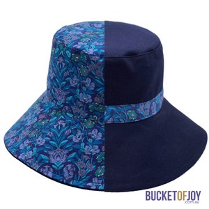 Bucket Hat Liberty of London Reversible Blue Sea Grass fabric Woman's ponytail bucket sun hat with navy cotton drill on adjust washable