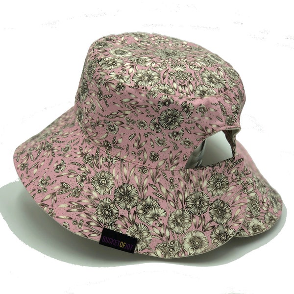 Bucket Hat Liberty of London Reversible Lady Zaidee tissu rose avec pierre coton perçure lavable queue de cheval chapeau de soleil femme réglable