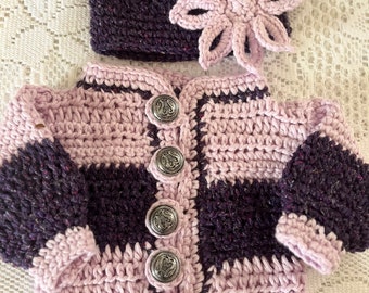Crocheted Purple Cotton Baby Sweater Set with Vintage Button 0-3 months