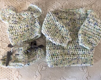 Crocheted Baby Sweater Set White, Blue, Green with Teddy Bear Ears Hat 6-12 Months