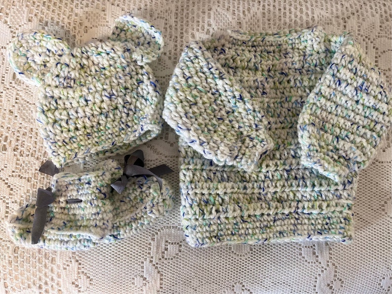 Crocheted Baby Sweater Set White, Blue, Green with Teddy Bear Ears Hat 6-12 Months image 1