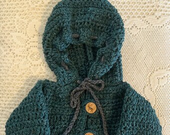 Crocheted Teal Blue Hooded Baby Sweater, thick warm cotton mix with burned wood deer buttons.  3-6 months