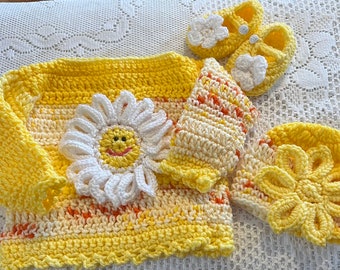 Crocheted Baby Sweater Set Yellow Sunshine 12-18 months