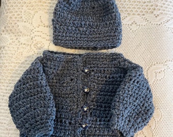 Crocheted Baby Sweater Set Cotton Mix Blue with astronaut buttons and fun hat.  6-9 months