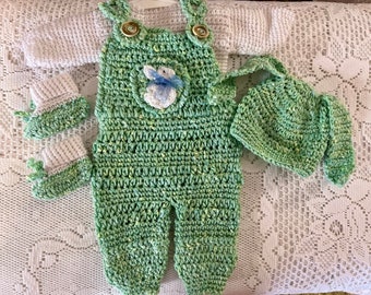 Crocheted Cotton Overalls, shirt, booties and bunny ear hat.  0-3 months.