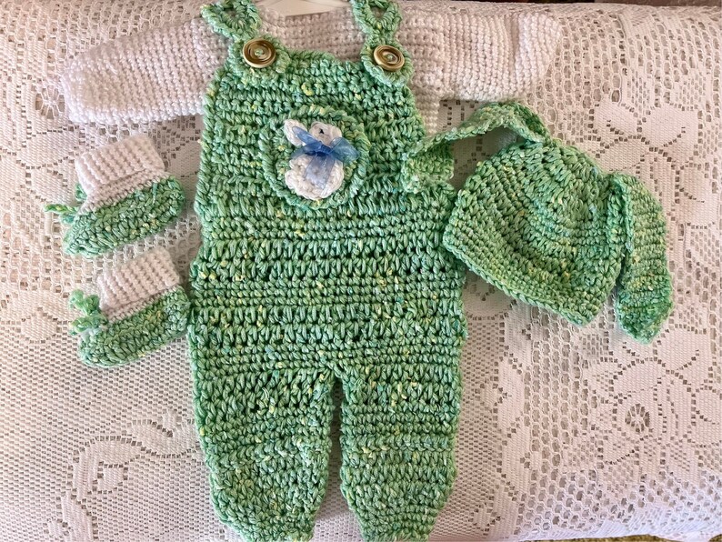 Crocheted Cotton Overalls, shirt, booties and bunny ear hat. 0-3 months. image 1