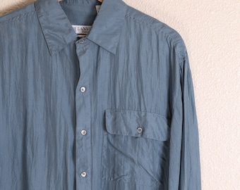 Vintage 80s Lanvin Powder Blue Silk Shirt Designer Button Down - Sz M