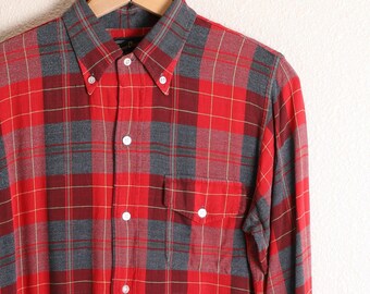 Vintage 60s Rayon Plaid camisa con botones de cola larga Rockabilly VLV Hollywood - Sz M