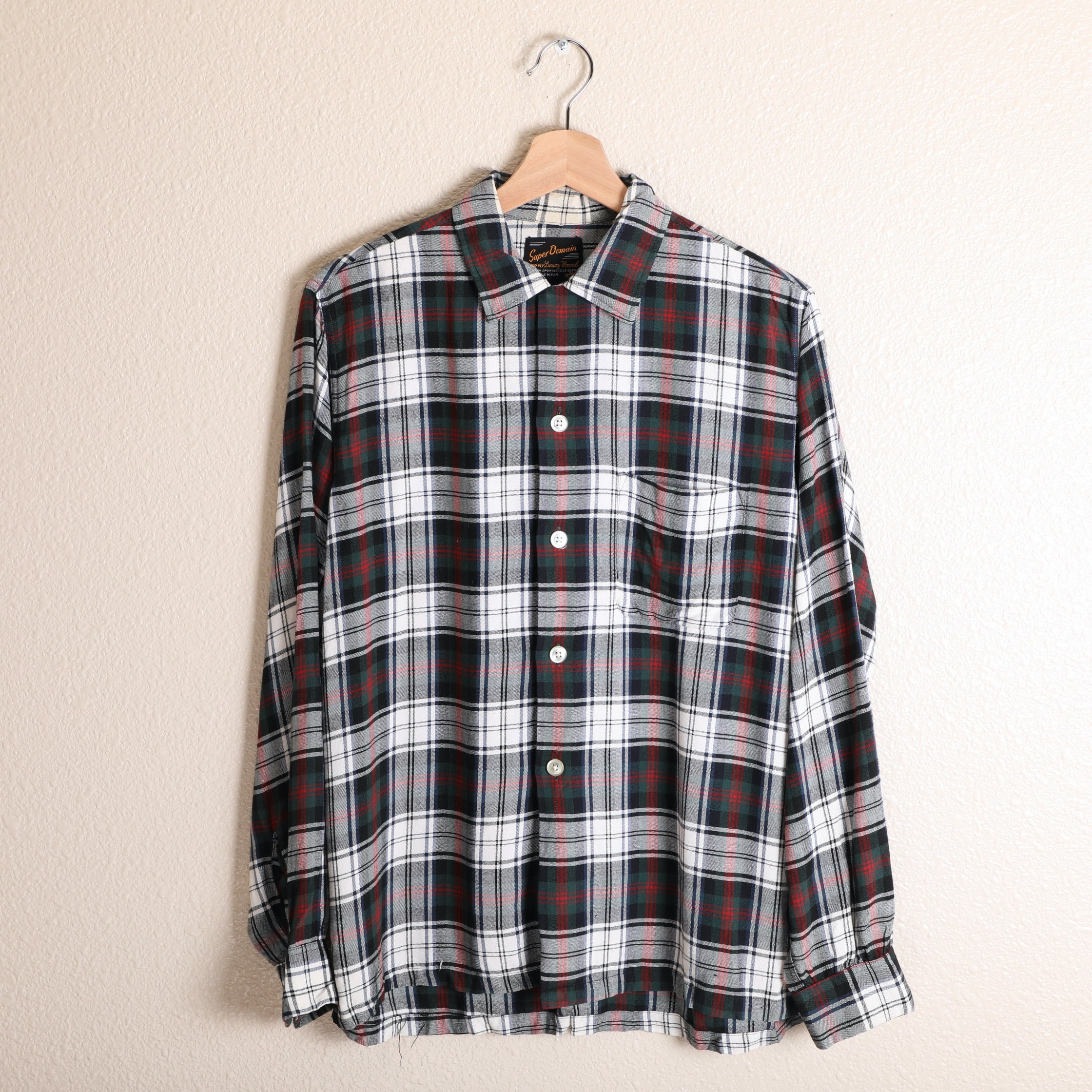 Vintage 60s Rayon Shadow Plaid Loop Collar Shirt Hombre Rockabilly