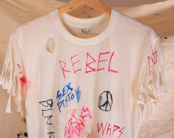 Vintage 80s Camiseta punk manuscrita Black Flag Sex Pistols Surf Punks - Talla M