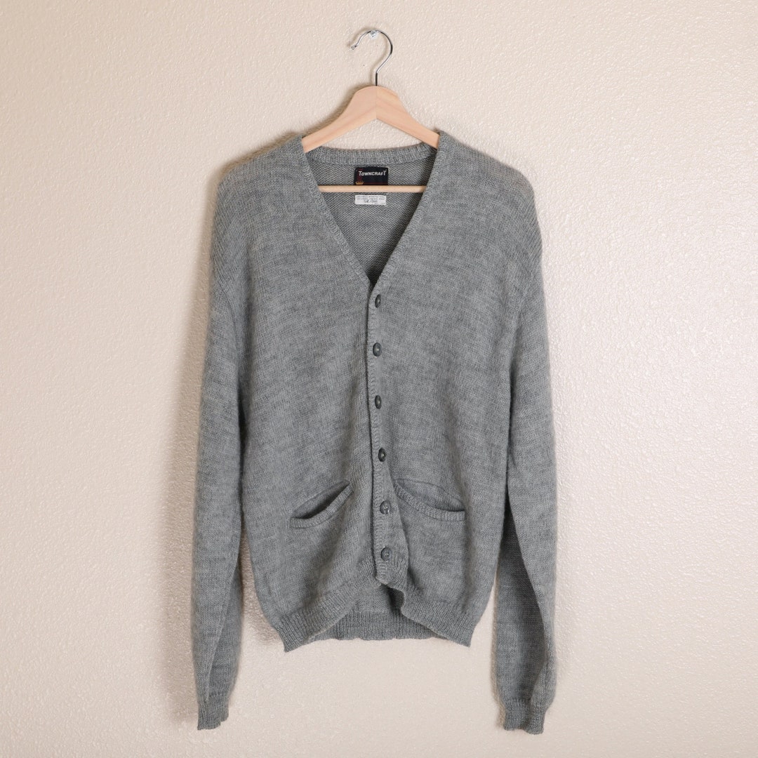 Vintage 60s Penney's Towncraft Shaggy Mohair Cardigan Sweater Gray