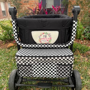 Rear Basket made with B&W Checkered Flag Faux Leather  for WonderFold,  RainbowBaby Wagon