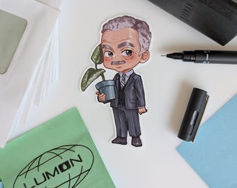 May include: A sticker depicting a cartoon man in a suit holding a potted plant. The sticker is on a white surface with a black pen, pen cap, and a green Lumon-branded paper. The man has grey hair and a moustache.