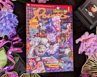 May include: A manga anthology titled "Roses" with a vibrant cover illustration. The cover includes text such as "Creepy?" and "400 Pages". The magazine is surrounded by purple flowers and decorative ribbons, creating a visually appealing display.