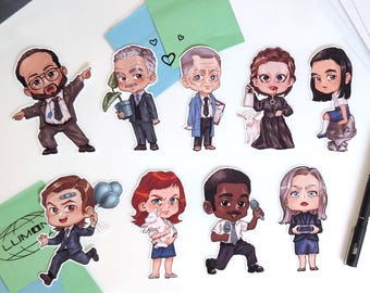 May include: A set of cartoon character stickers, each showing a person in a business suit. The stickers vary in colour and pose, with some holding objects like a plant, balloons, and a microphone. The background includes sticky notes and a pen.