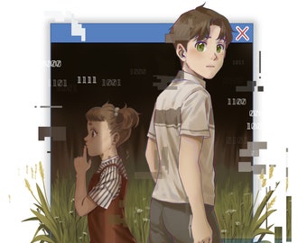 May include: A digital art illustration of two people standing in a field of tall grass. The boy is wearing a white shirt and grey trousers. The girl is wearing a striped shirt and a brown skirt. The background is a dark blue and black colour with a white and black glitch effect.