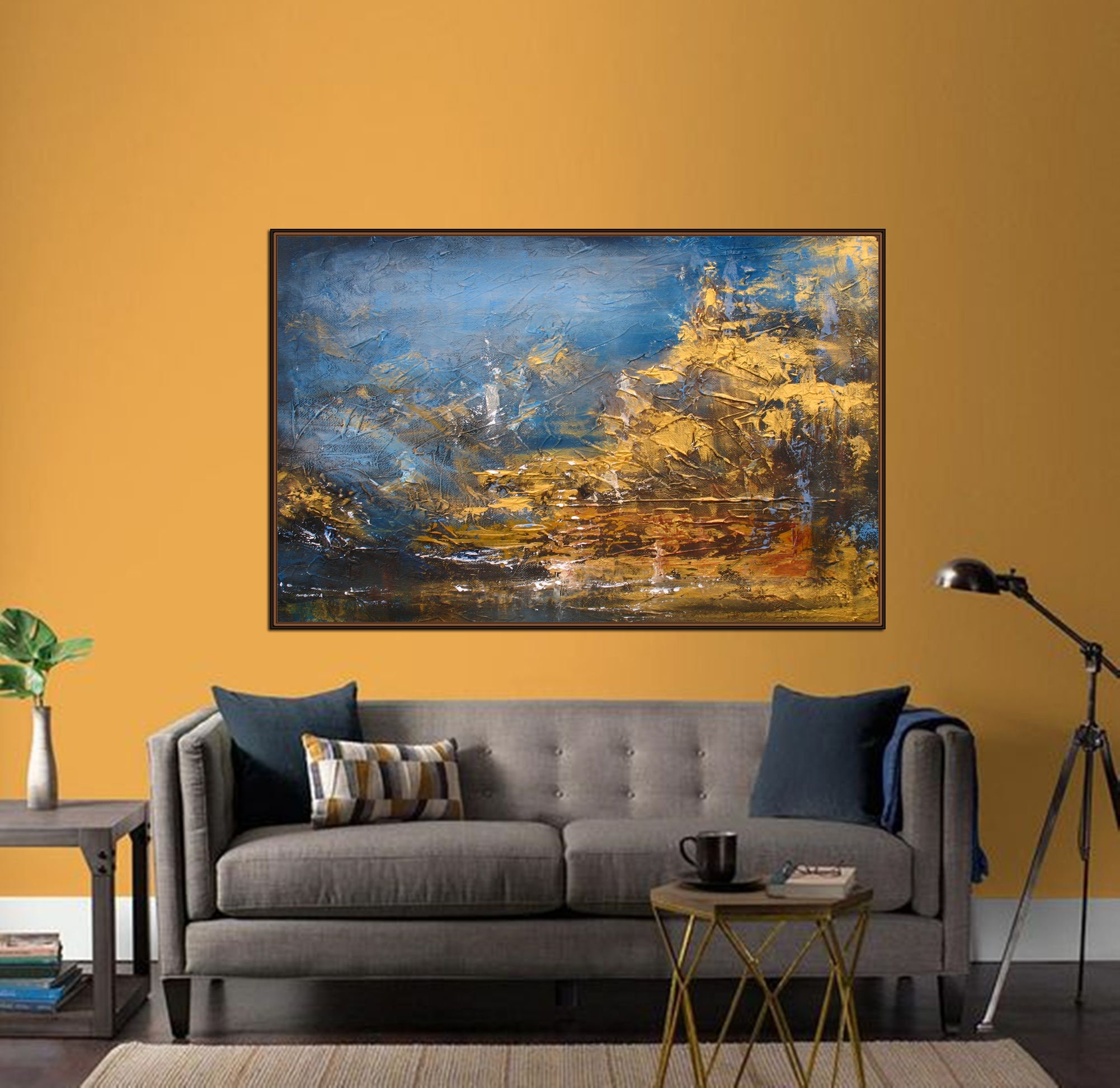 Blue Gold Abstract Painting Original Canvas Large Painting Etsy