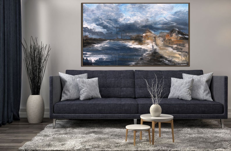 Original Abstract Oil Painting on Canvas Gray Blue Brown Etsy