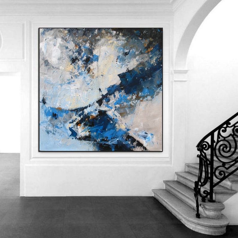 Large Blue Abstract Painting on Canvas Gray Painting Original Etsy