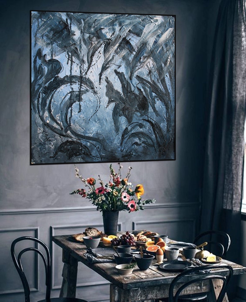 Oversized Abstract Wall Art Large Acrylic Painting Canvas Gray Etsy