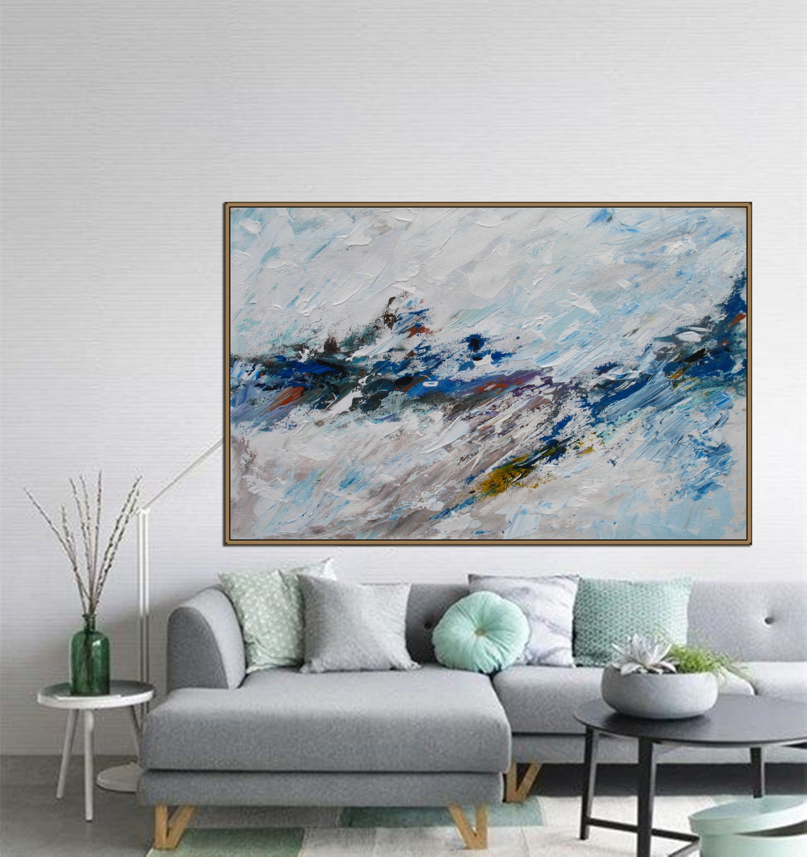 Large Wall Art Canvas Blue Gray Abstract Painting Original Etsy
