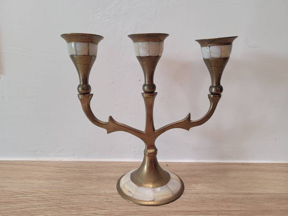 Chandelier Vintage en Laiton Triple Déesse Bougie Maiden Mère Crone Autel Païen Nacre Incrustation B