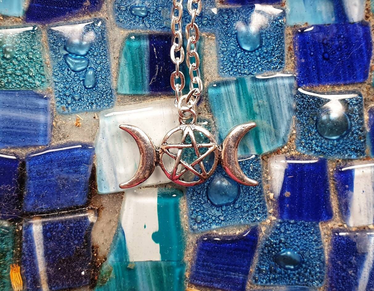 Triple Lune Pendentif Pentacle Collier Wicca Argent Vintage Sorcellerie Bijoux Sorcières Wiccan Ritu