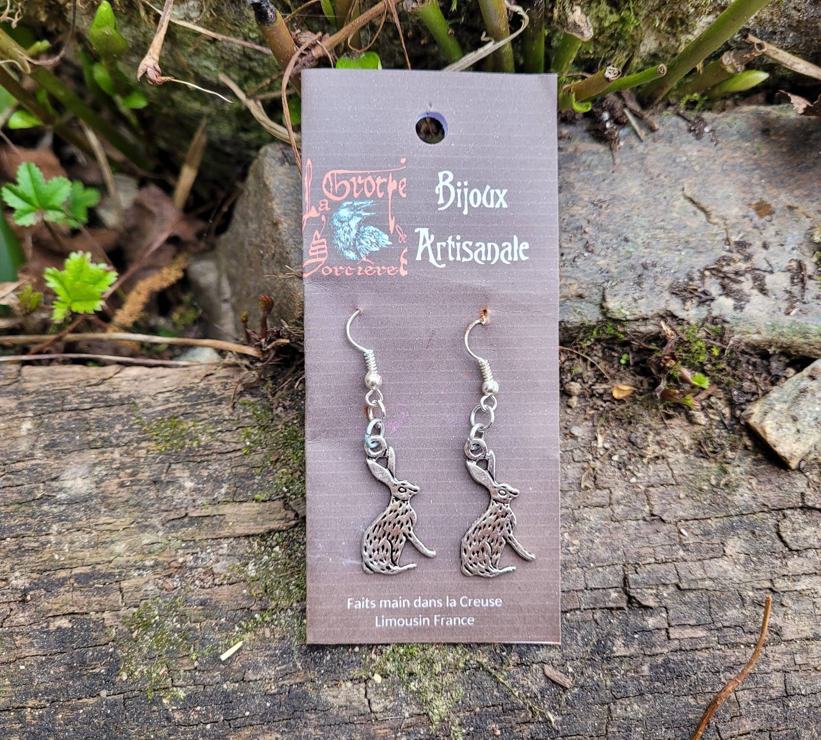 Ostara Lièvre Boucles d'oreilles Lune Observation Lièvre Déesse Ostre Printemps Equinox Rituel Bijou