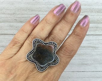 Rhodonite Adjustable Handmade Ring Oversized Chuncky Large Statement Star Shape Gemstone Bohemian 925 Sterling Silver Boho Trendy Jewerly