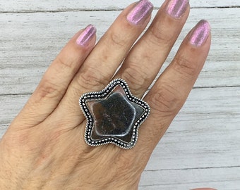 Rhodonite Adjustable Handmade Ring Oversized Chuncky Large Statement Star Shape Gemstone Bohemian 925 Sterling Silver Boho Trendy Jewerly