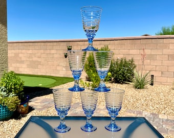 Set of Six (6) Libbey Sirrus Blue Wine Goblets Vintage Light Blue Spool Stem